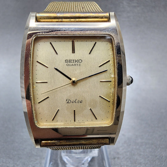 Seiko Dolce Tank Watch Men 28mm Champagne Dial Gold Tone 6030-5320 New Battery