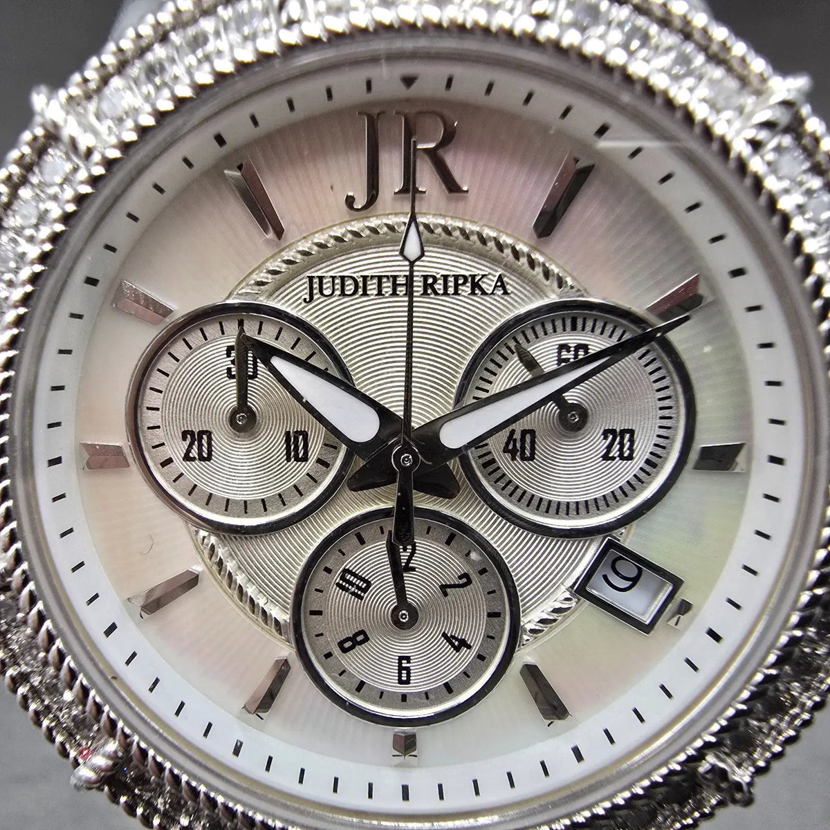 Judith Ripka Chronograph Watch Women 38mm MOP Dial Date Crystals Steel New Batt1