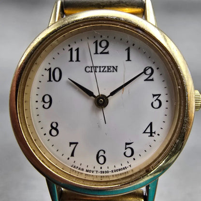 Citizen Watch Women 24mm White Dial Gold Tone Round 5930-K006163 New Battery VTG1