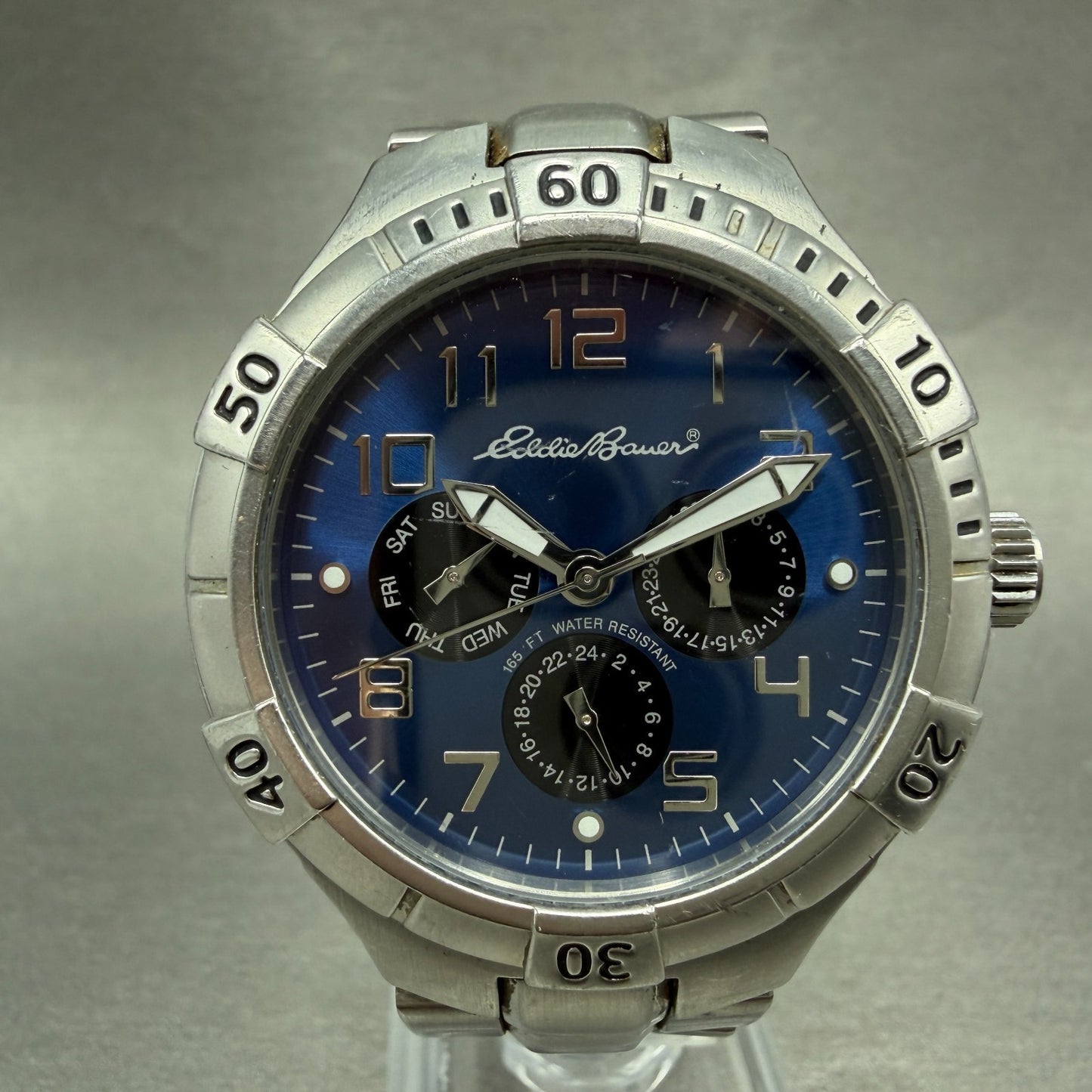Eddie Bauer Watch Men 40mm Blue Dial Silver Tone Daydate Round New battery0