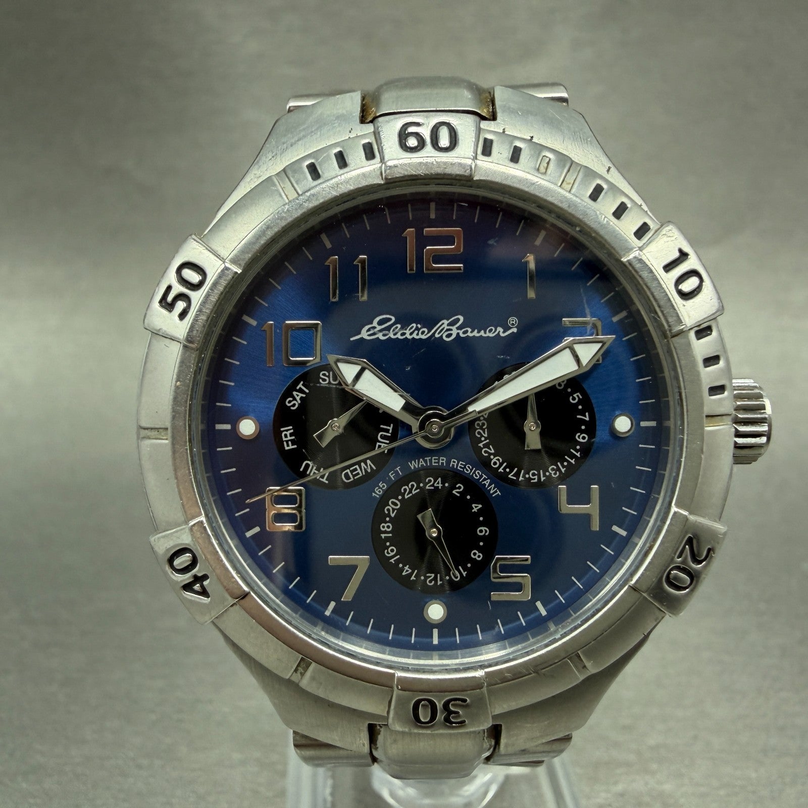 Eddie Bauer Watch Men 40mm Blue Dial Silver Tone Daydate Round New battery0