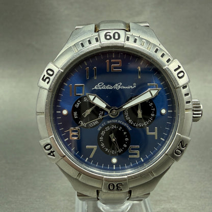 Eddie Bauer Watch Men 40mm Blue Dial Silver Tone Daydate Round New battery0