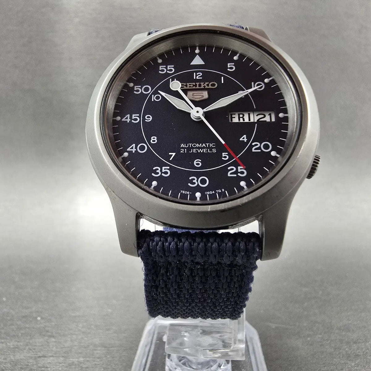 Seiko 5 Automatic Watch Men 37mm Blue Dial Steel Daydate SNK807 Round 7S26-02J05