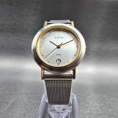 Skagen Watch Women 28mm Silver Dial Two Tone Date Round 16SGS New Battery JP25