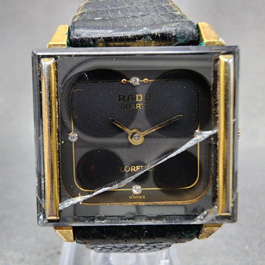 Rado Florence Tank Watch Women 24mm Black Dial Gold Tone Rectangle New Battery0