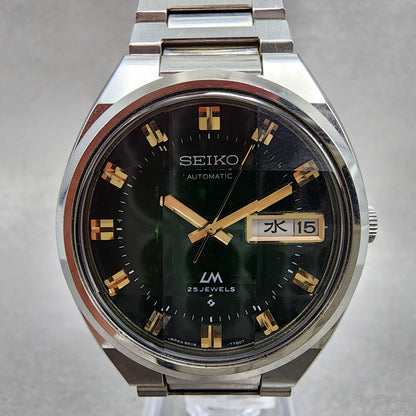 Seiko Lord Matic Watch Men 36mm Green Dial Silver Tone Daydaye 5606-7341 Runs