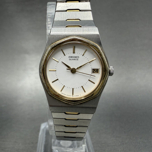 Seiko Watch Women 22mm White Dial Two Tone Date Round 2A22-0100 New Battery0