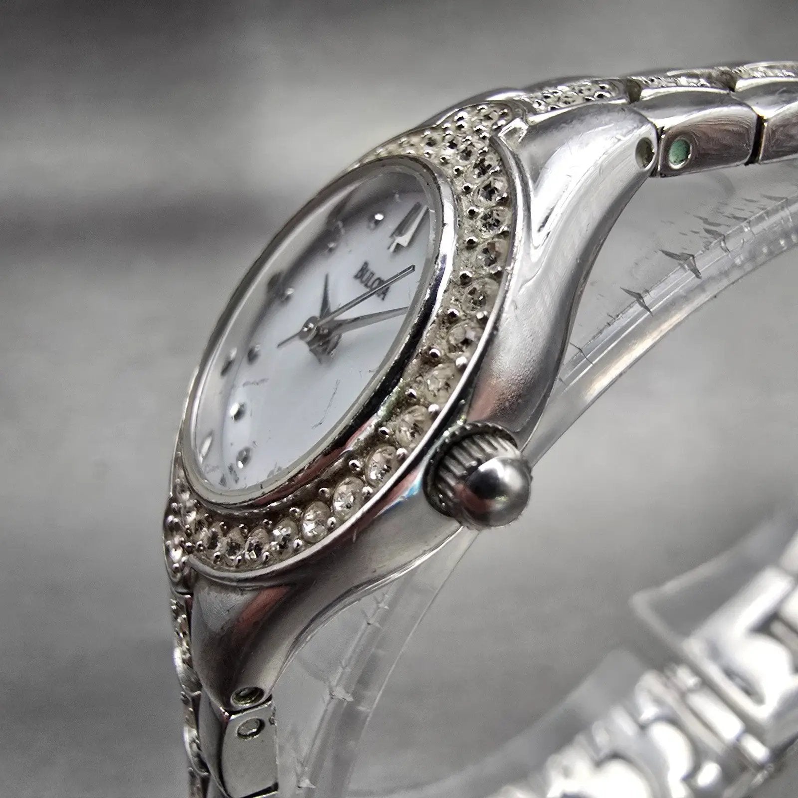 Bulova Watch Women 22mm MOP Dial Silver Tone Gemmed Round 96T14 New Battery2