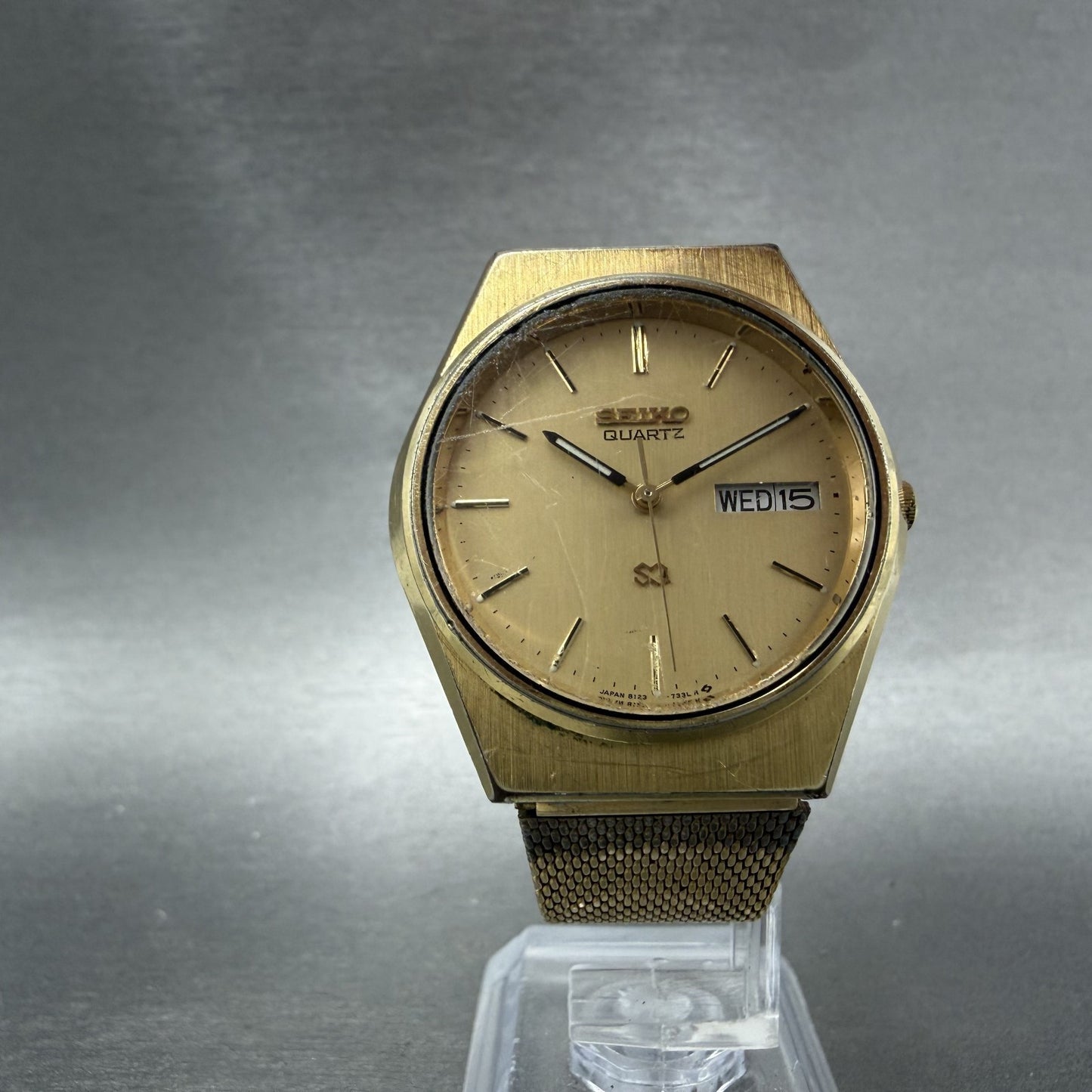 Seiko SQ Watch Men 34mm Champagne Dial Gold Tone Daydate 8123-7240 New Battery5