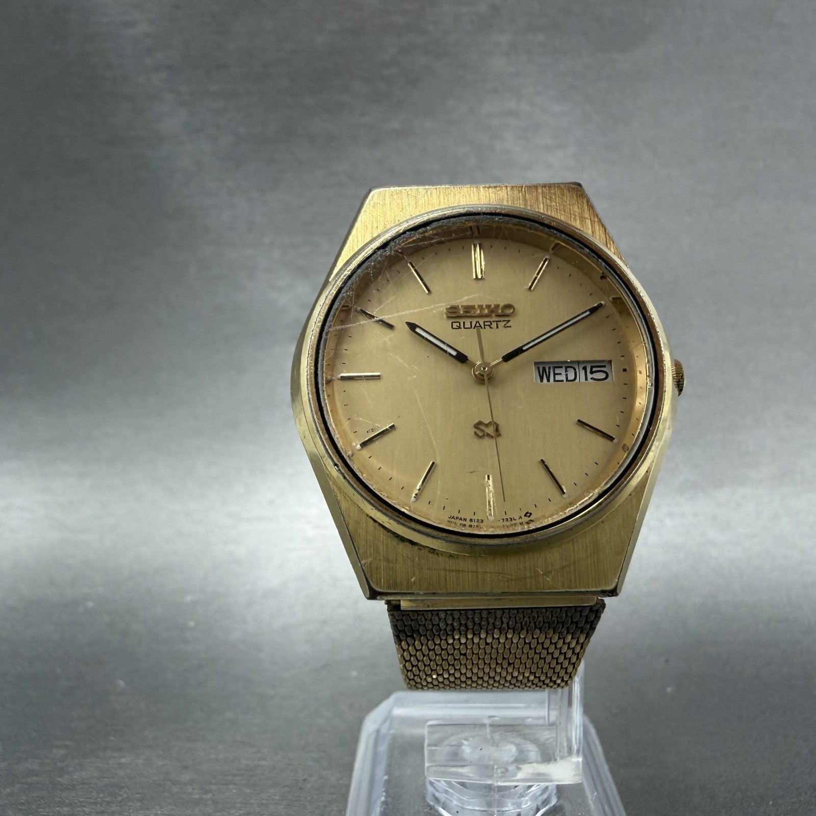 Seiko SQ Watch Men 34mm Champagne Dial Gold Tone Daydate 8123-7240 New Battery5