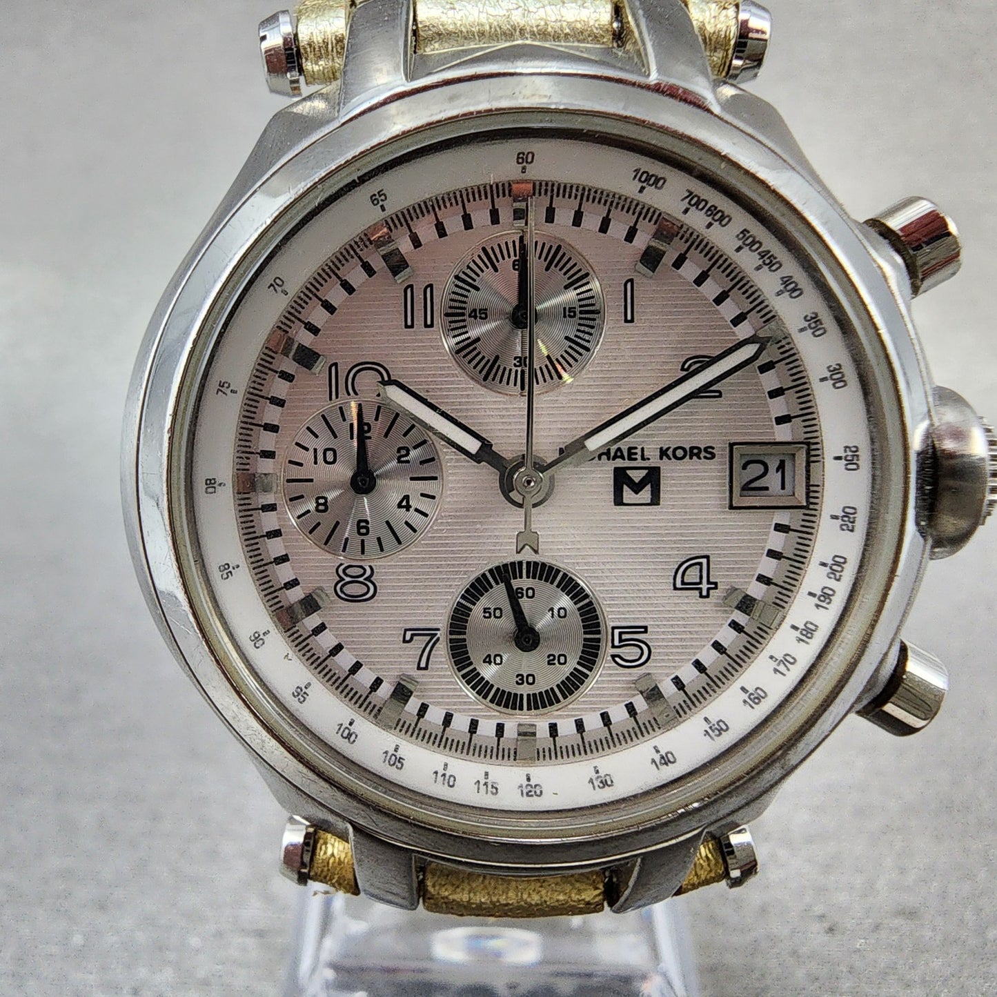 Michael Kors Chronograph Watch Women 36mm White Dial Silver Tone date New Batt1