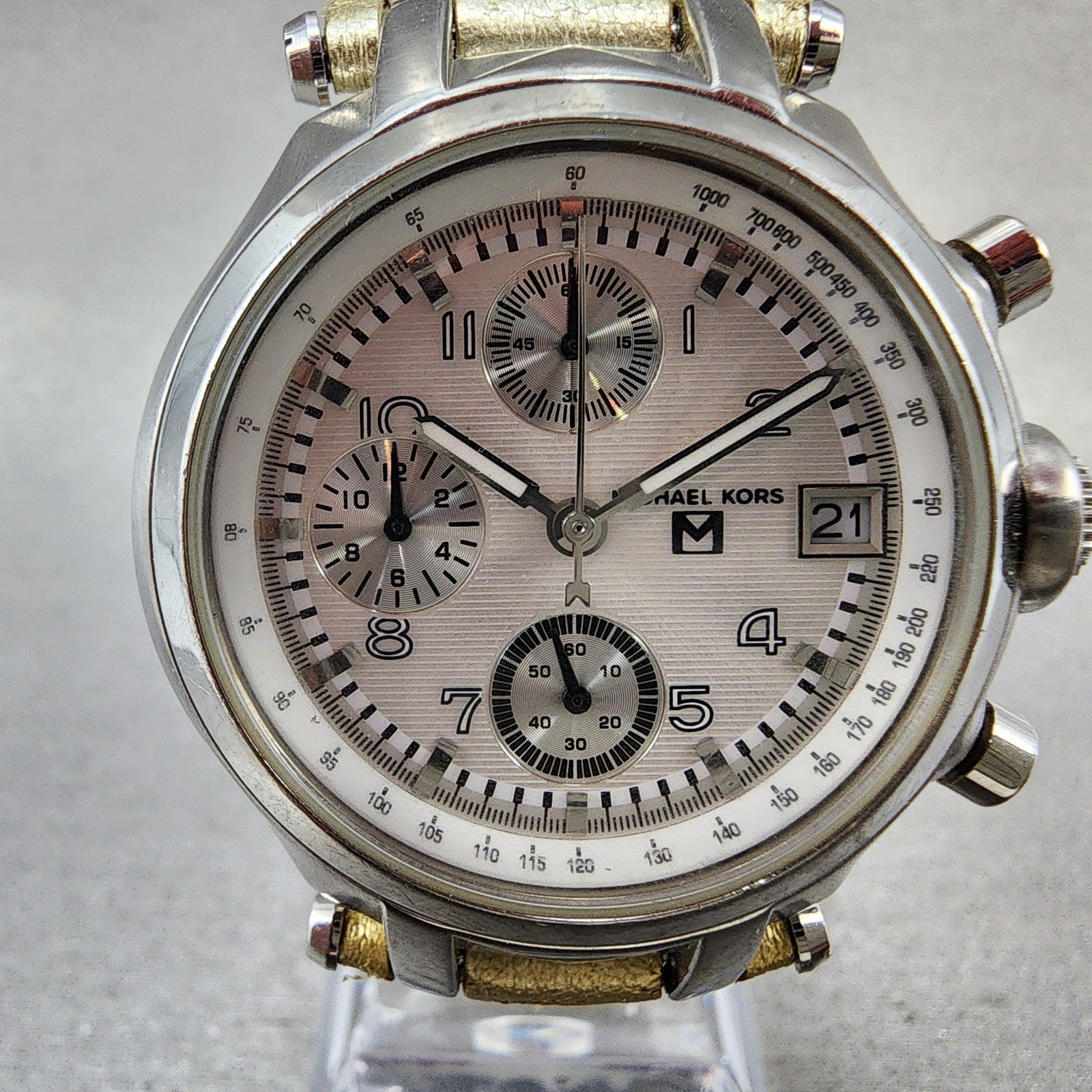 Michael Kors Chronograph Watch Women 36mm White Dial Silver Tone date New Batt1