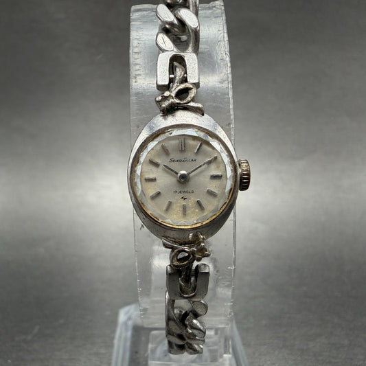 Seiko Solar Watch Women 15mm Silver Dial Silver Tone Round Manual 10-0660 Runs0