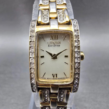 Citizen Eco-Drive Tank Watch Women 15mm White Dial Gold Tone Crystal Bezel Runs0