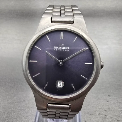 Skagen Watch Men 34mm Blue Dial Titanium Date Round 105LTXN New Battery0