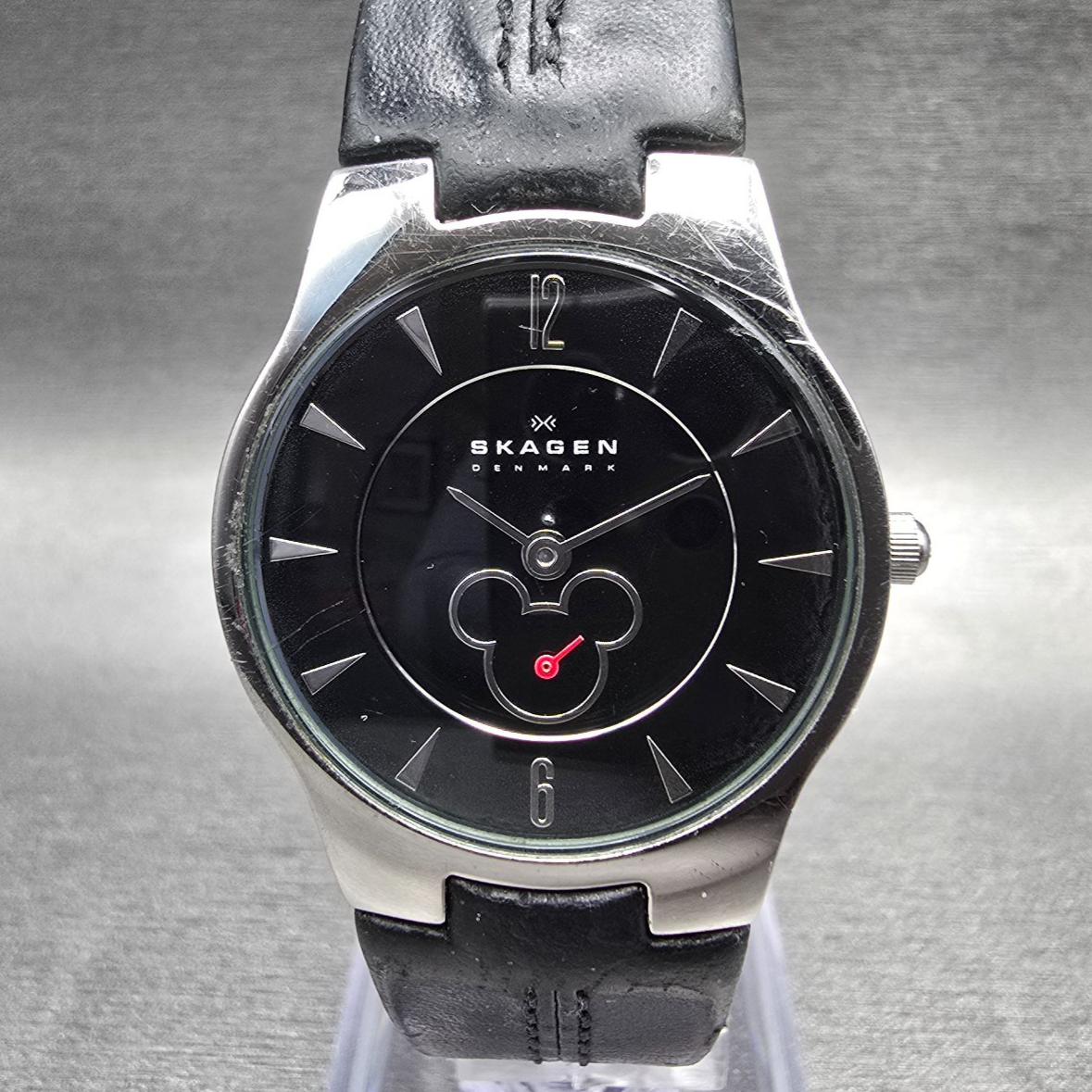 Skagen Mickey Mouse Watch Women 28mm Black Dial Silver Tone D433SSLB New Battery0