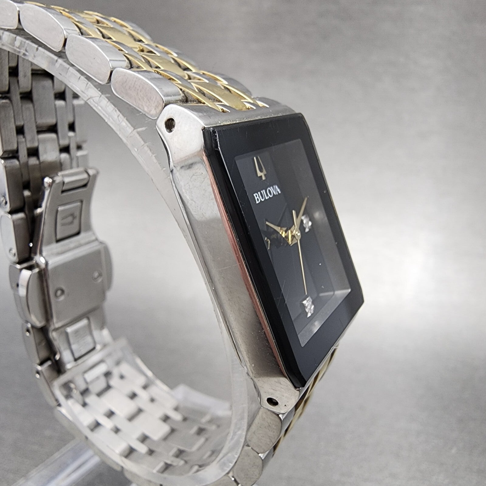 Bulova Quadra Tank Watch Women 21mm Black Dial Two Tone Date Rectangle Diamonds3