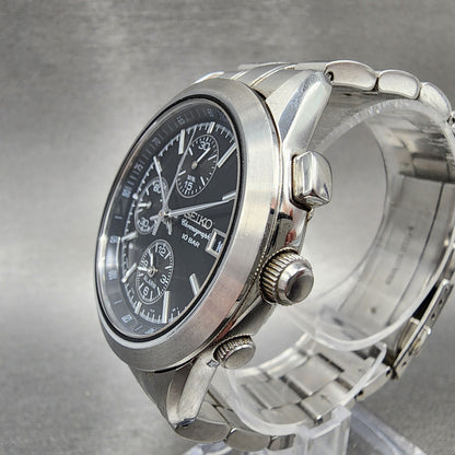 Seiko Chronograph Watch Men 37mm Black Dial Steel Date Alarm Round New Battery