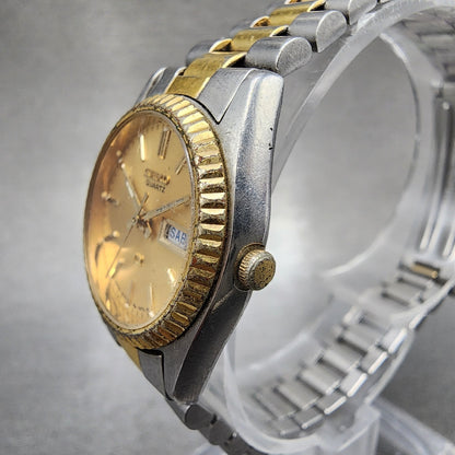 Seiko SQ Watch Women 24mm Gold Dial Two Tone Daydate 24mm Round New Battery B122