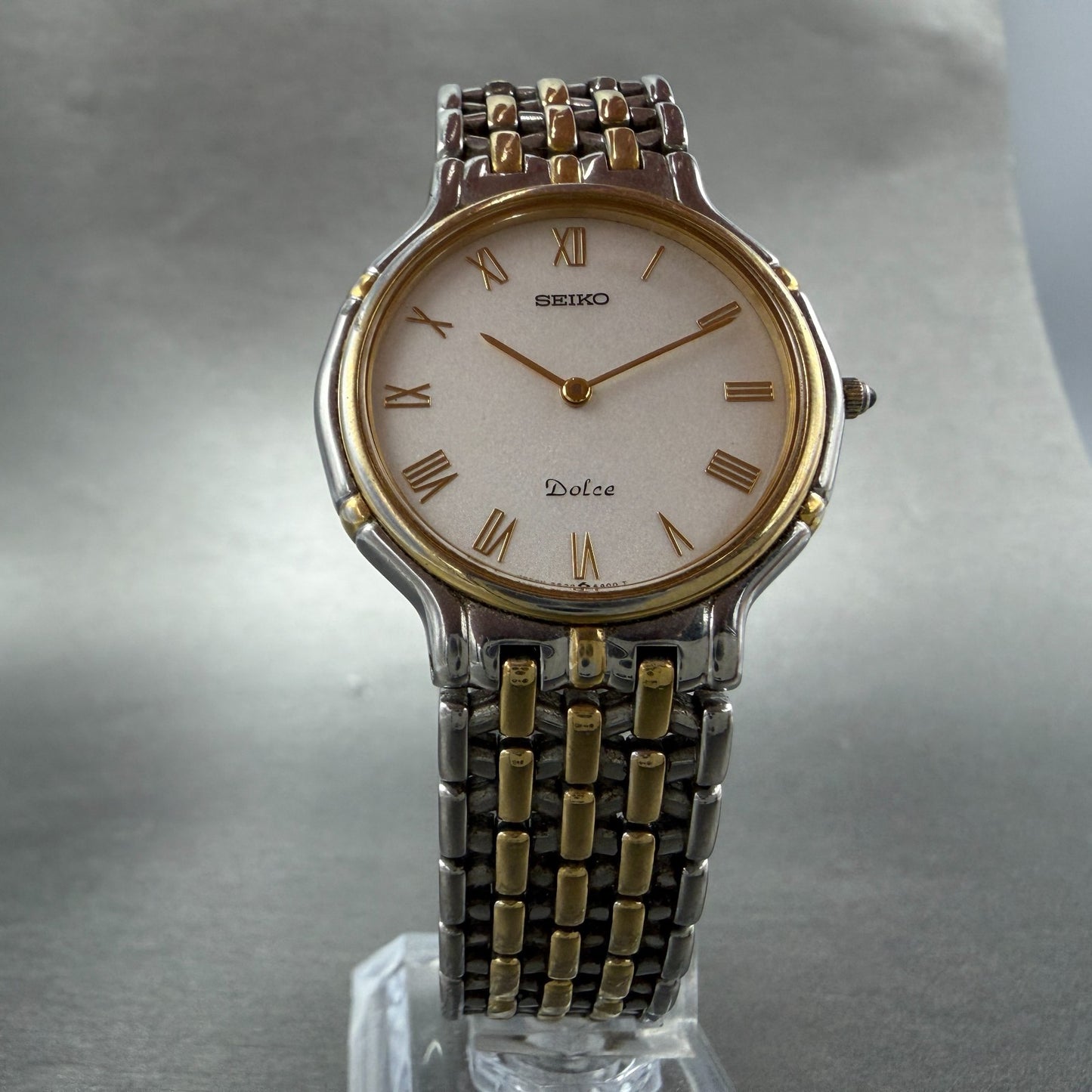 Seiko Dolce Watch Men 32mm White Dial Two Tone Round 5E30-6A00 New Battery5