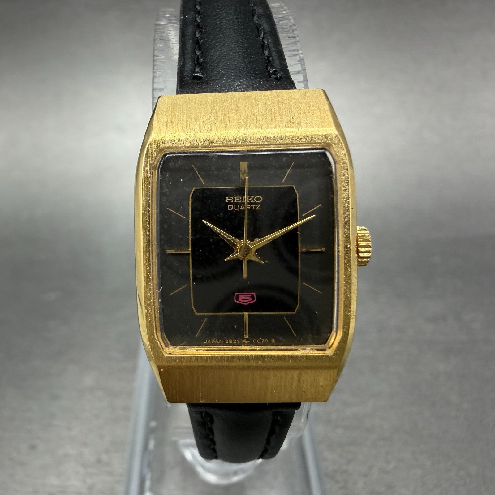 Seiko Tank Watch Women 18mm Black Dial Gold Tone Rectangle 2B21-5020 New Batt J70