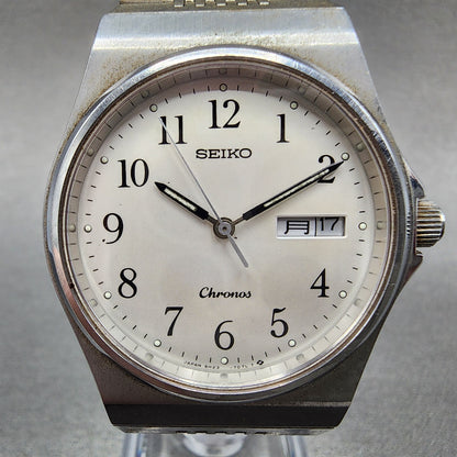 Seiko Chronos Watch Men 35mm Silver Tone Silver Dial Daydate 5h23-7d20 PARTS