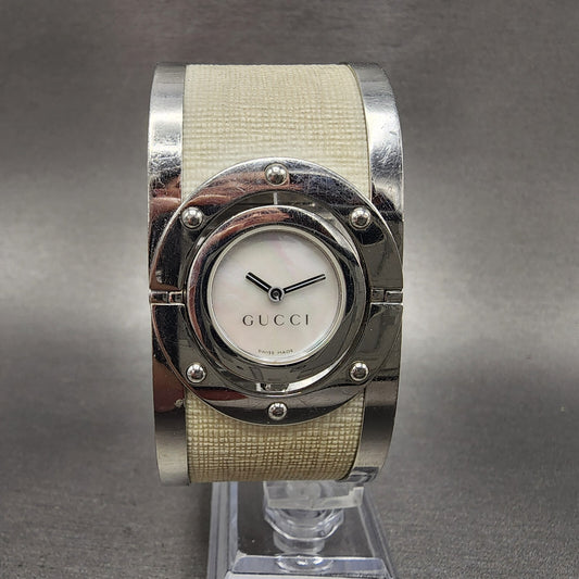 Gucci 112 Watch Women 33mm MOP Dial Silver Tone White Bangle New Battery0