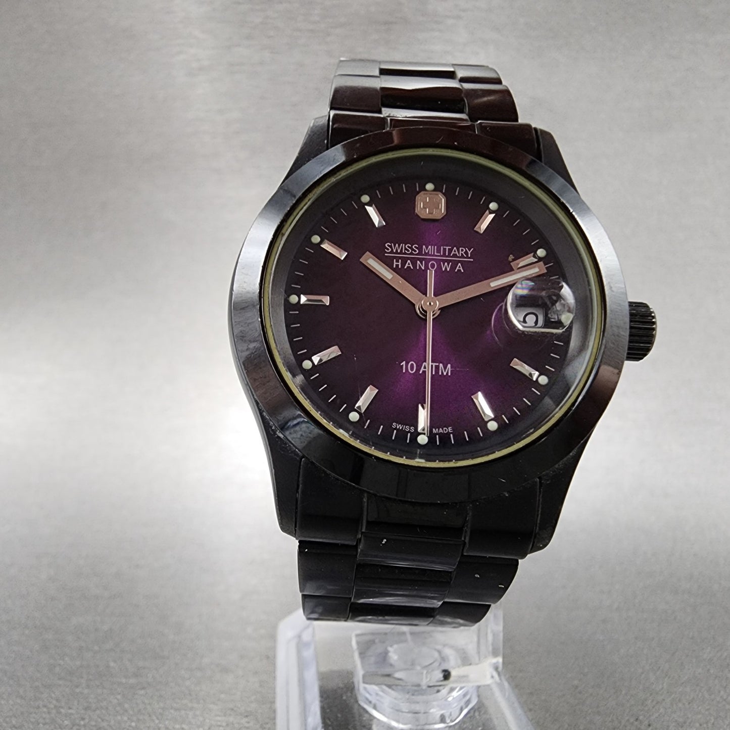 Swiss Military Hanowa Watch Women 36mm Purple Dial Black Date 65023 New Battery5