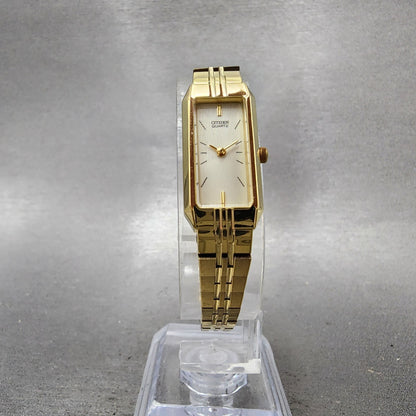 Citizen CQ Tank Watch Women 13mm Champagne Dial Gold Tone Rectangle New BatteryA5