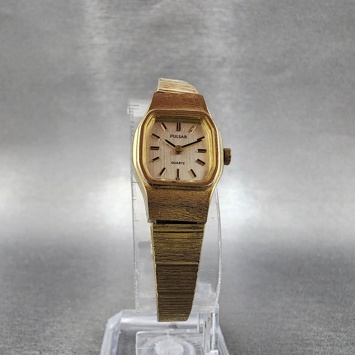 Seiko Pulsar Watch Women 16mm Champagne Dial Gold Tone Rectangle New Battery5
