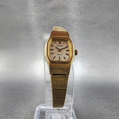Seiko Pulsar Watch Women 16mm Champagne Dial Gold Tone Rectangle New Battery5