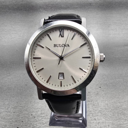 Bulova Watch Men 37mm Silver Dial Silver Tone Date Round 96B217 New Battery0