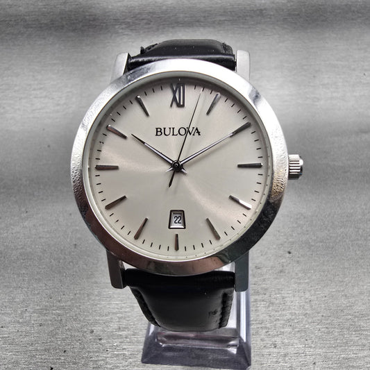 Bulova Watch Men 37mm Silver Dial Silver Tone Date Round 96B217 New Battery0