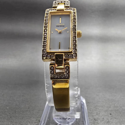 Citizen Eco-Drive Tank Watch Women 14mm White Dial Gold Tone Gemmed Bangle Works5