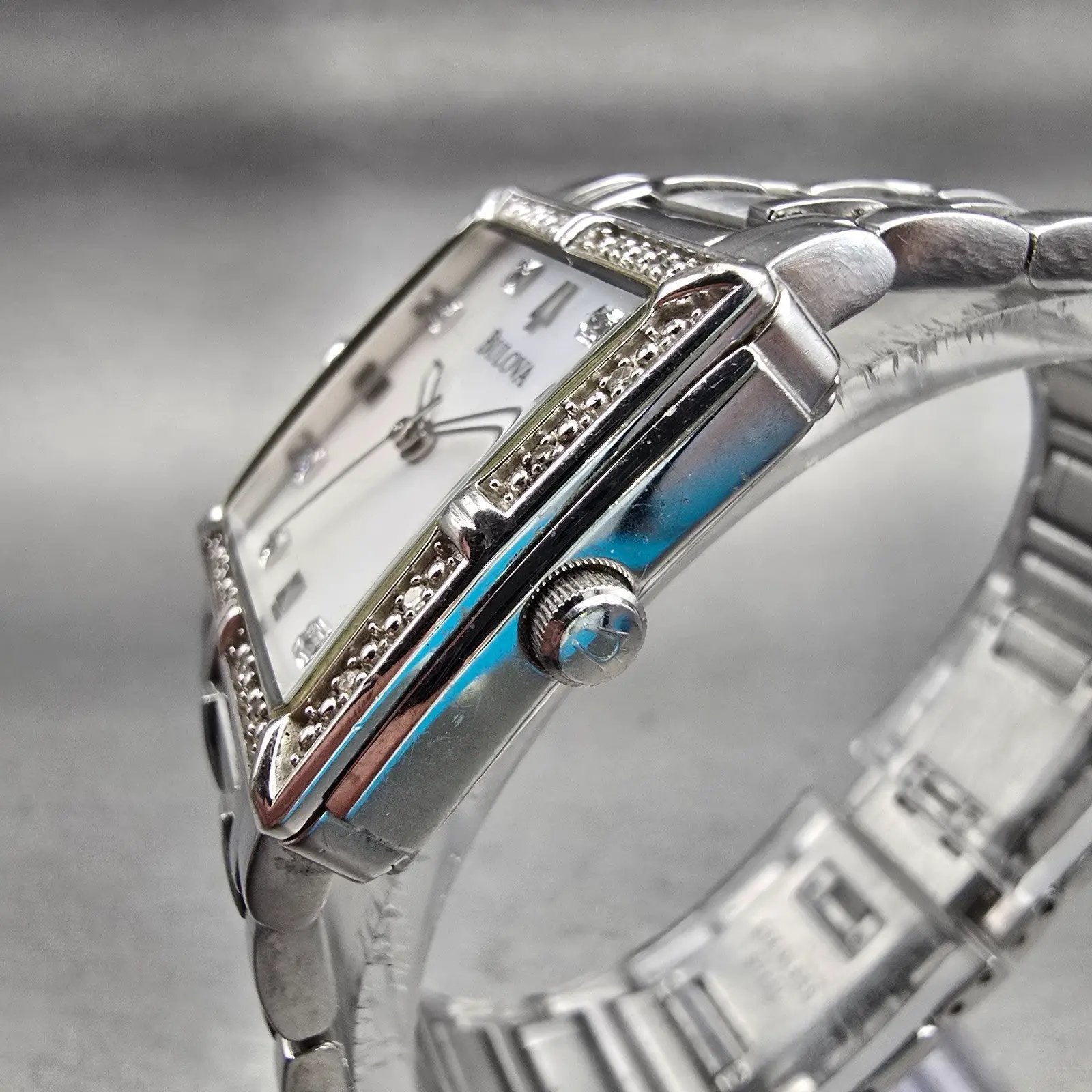 Bulova Watch Women 26mm MOP Dial Silver Tone Gemmed Square 96R107 New Battery2