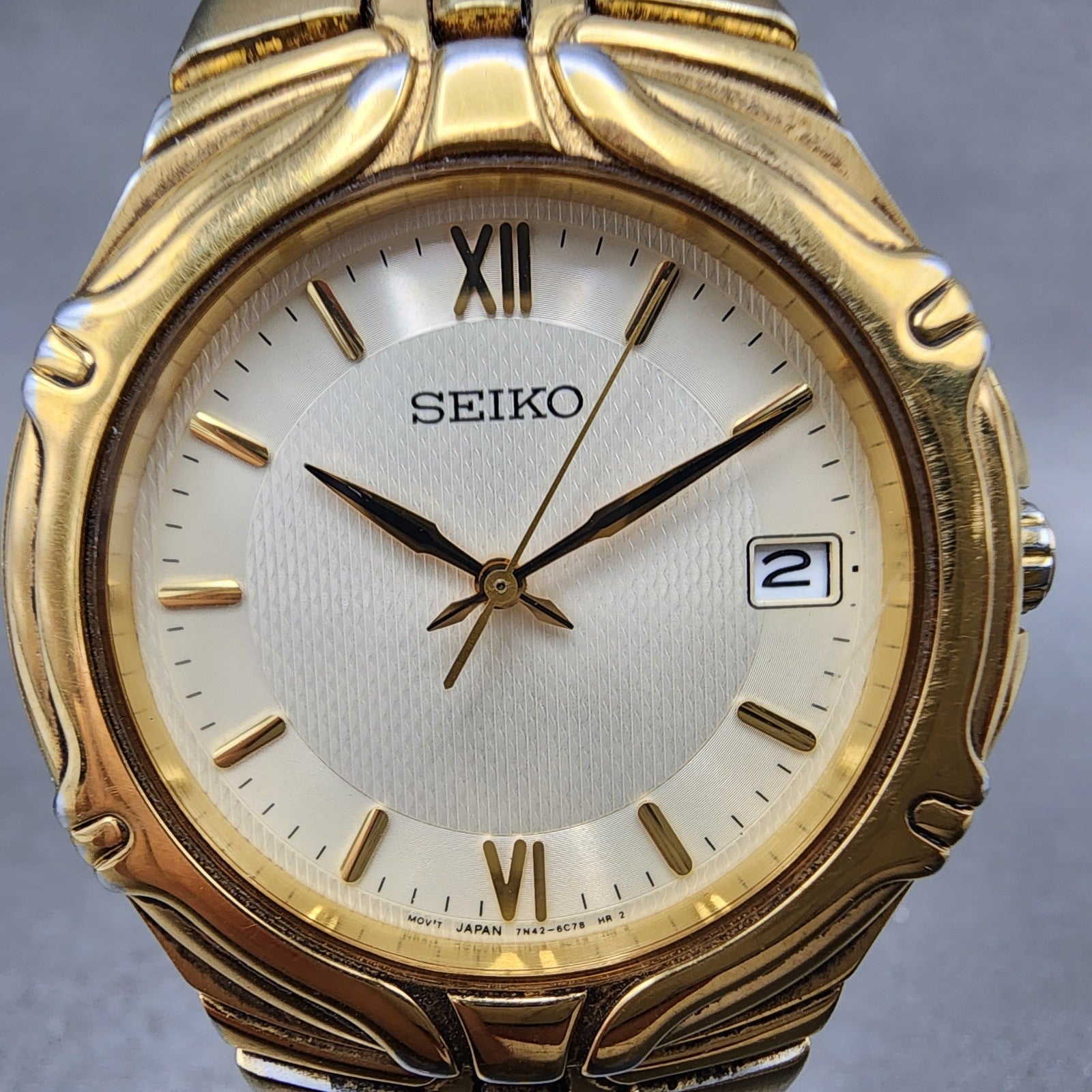 Seiko Watch Men 37mm White Dial Gold Date Round 7N420BD0 New Battery1