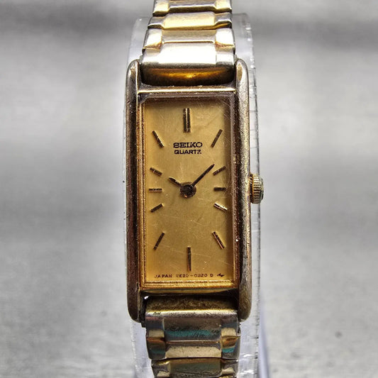 Seiko Watch Women 12mm Gold Dial Gold Tone Rectangle 2E20-5239 New Battery VTG0