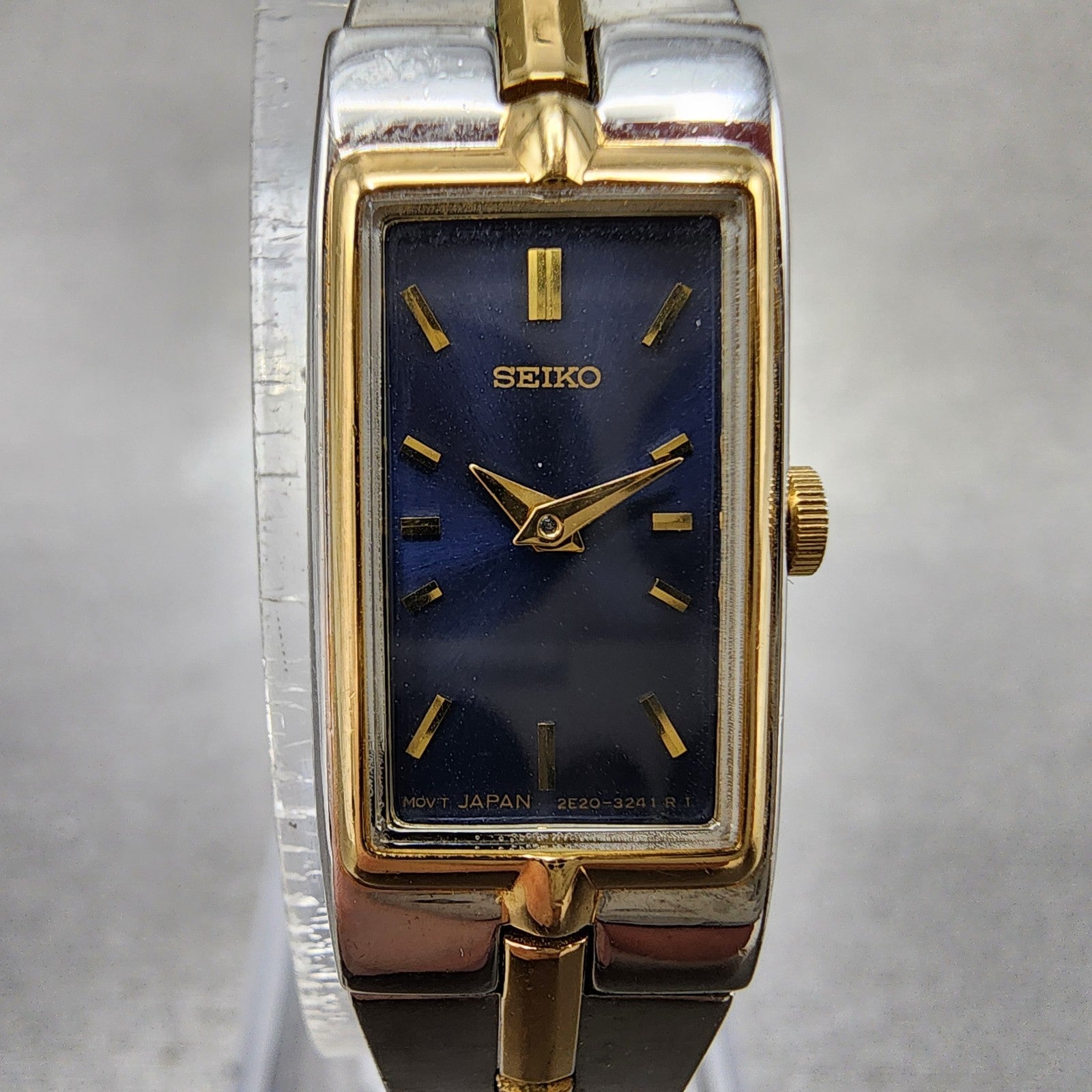 Seiko Tank Watch Women 13mm Blue Dial two Tone Rectangle 2e207479 New Battery1