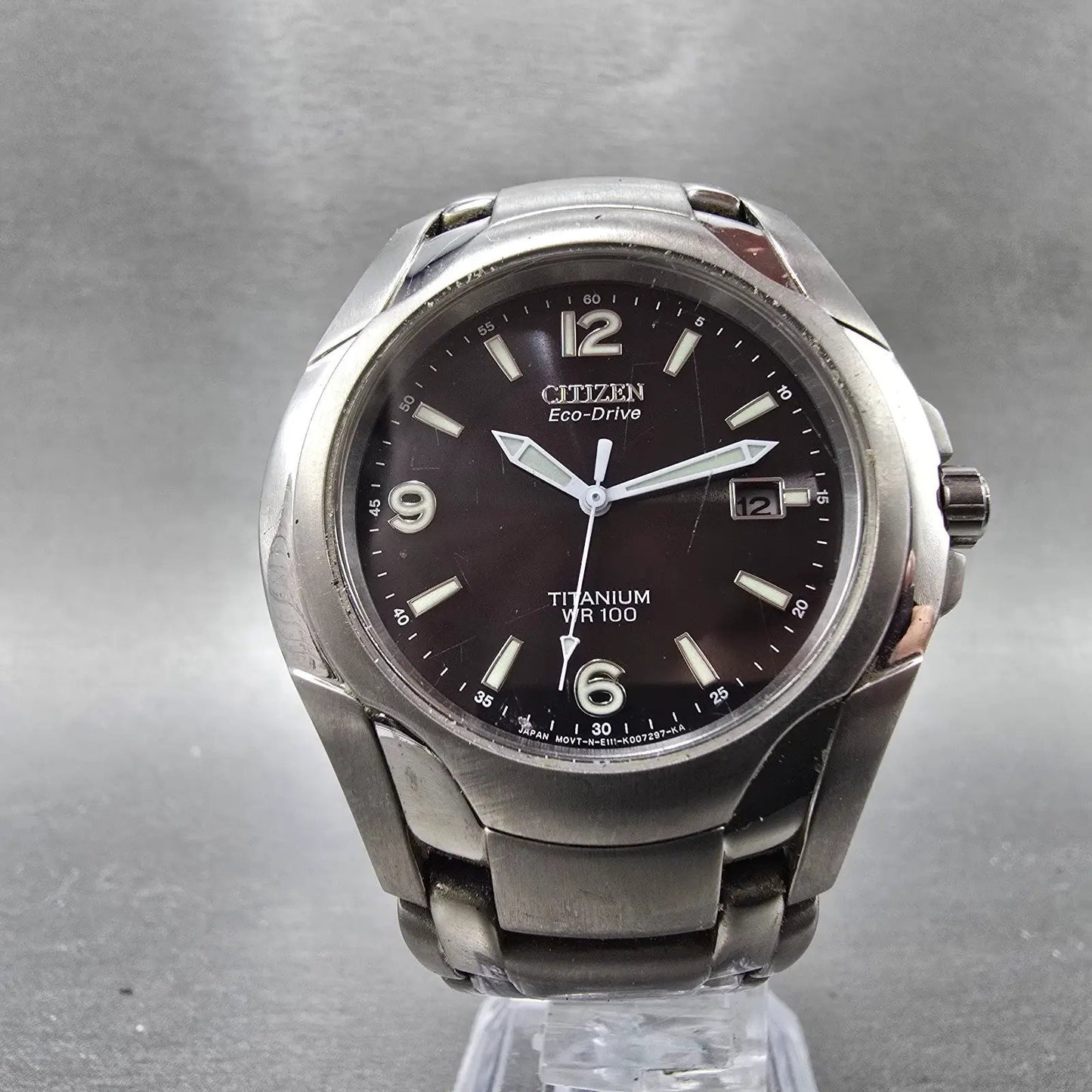 Citizen Eco-Drive Watch Men 41mm Black Dial Titanium Date E111-K006368 Runs AB5