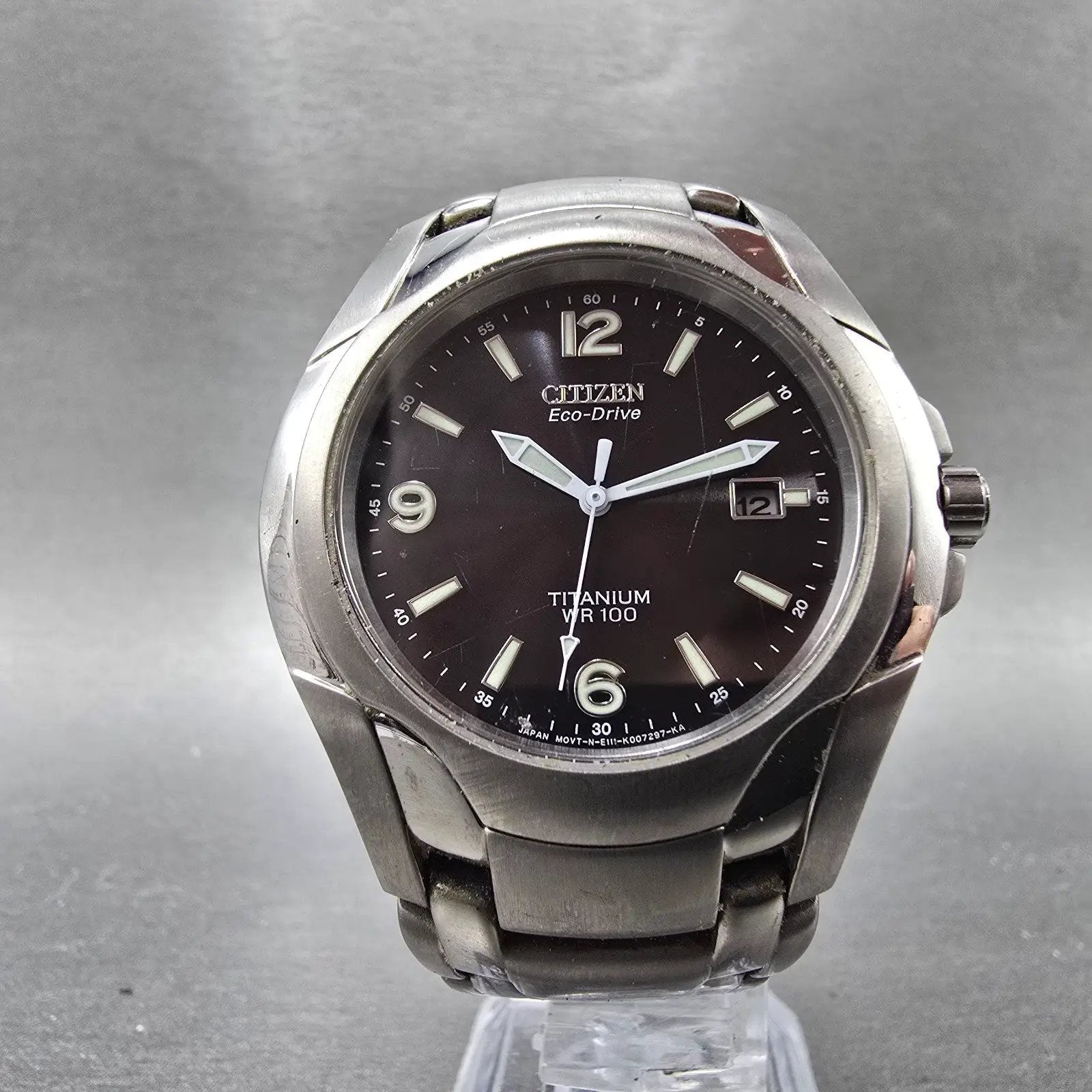 Citizen Eco-Drive Watch Men 41mm Black Dial Titanium Date E111-K006368 Runs AB5