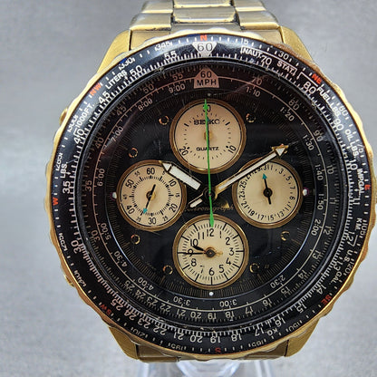 Seiko Flightmaster Chronograph Watch Men 41mm Black Dial Gold Tone READ New Batt