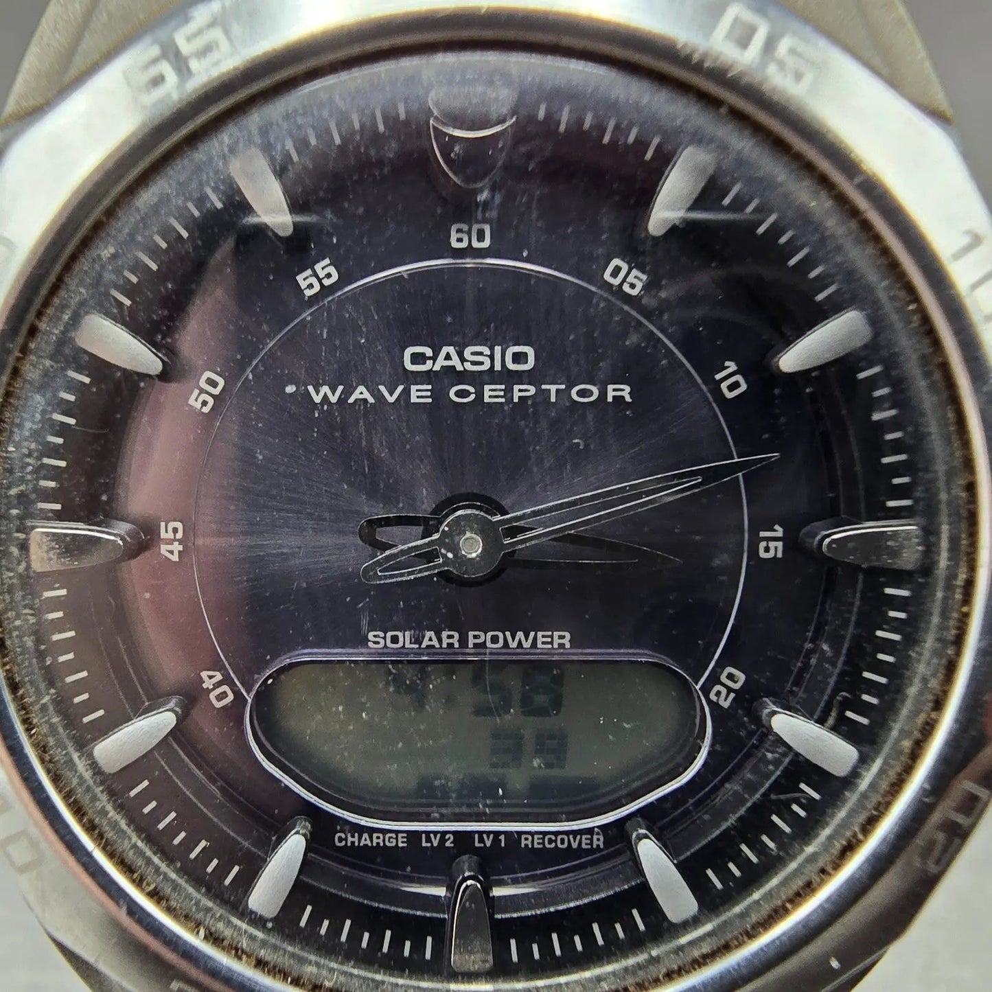 Casio Wavceptor WVA-300 Watch Men 42mm Blue Dial Silver Alarm Chronograph READ!!1