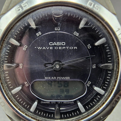 Casio Wavceptor WVA-300 Watch Men 42mm Blue Dial Silver Alarm Chronograph READ!!1