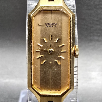 Seiko Watch Women 13mm Gold Dial Gold Tone Rectangle 1320-5989 New Battery1