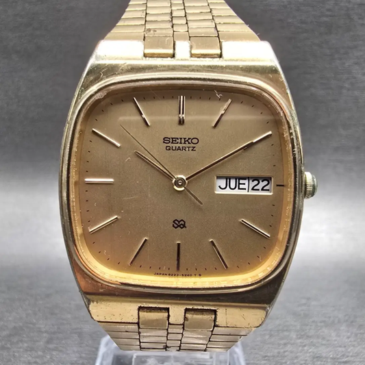 Seiko SQ Watch Men 32mm Gold Dial Gold Tone Daydate 8223-5219 New Battery VTG0