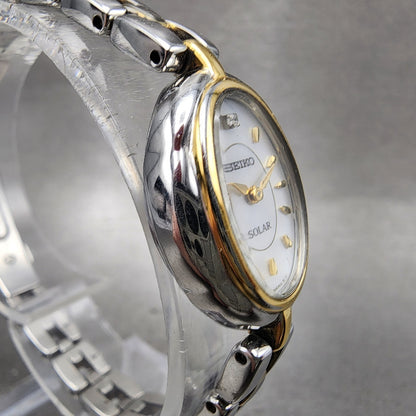 Seiko Solar Watch Women 19mm Gray Dial Two Tone Oval V1100AG0 Runs Bracelet3
