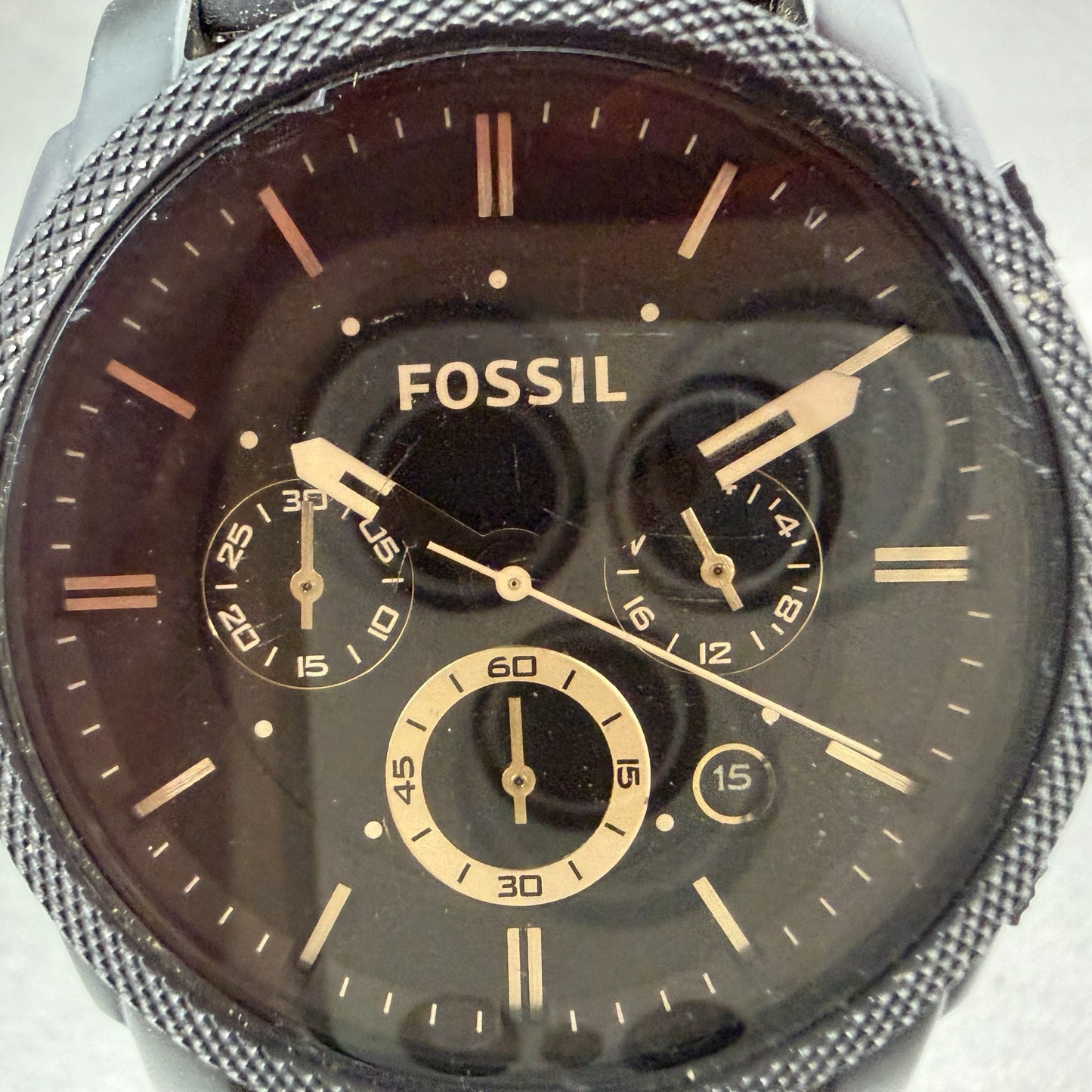 Fossil Machine Chronograph Watch Men 42mm Brown Dial Black Tone FS-4682 New Batt1