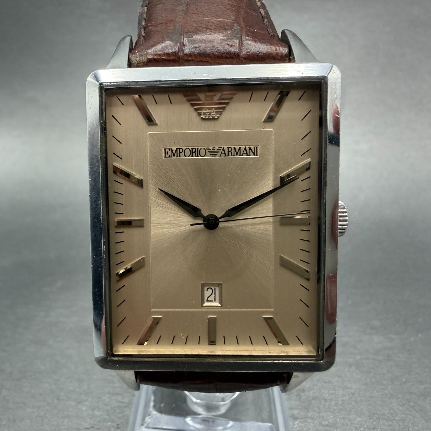 Emporio Armani Tank Watch Men 33mm Gray Dial Silver Tone Date AR-2419 New Batt0