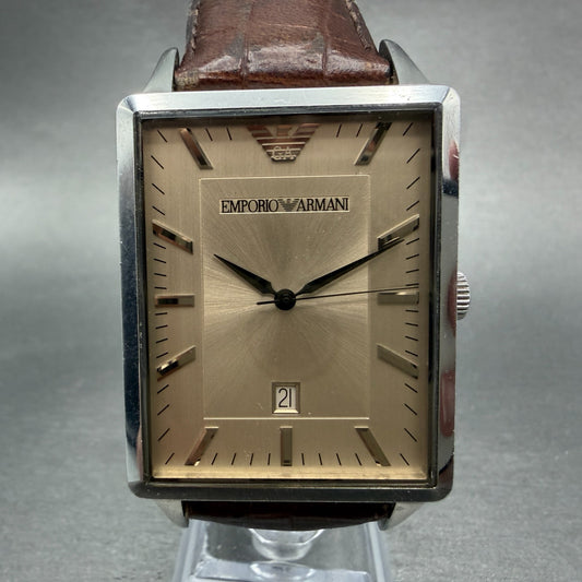 Emporio Armani Tank Watch Men 33mm Gray Dial Silver Tone Date AR-2419 New Batt0