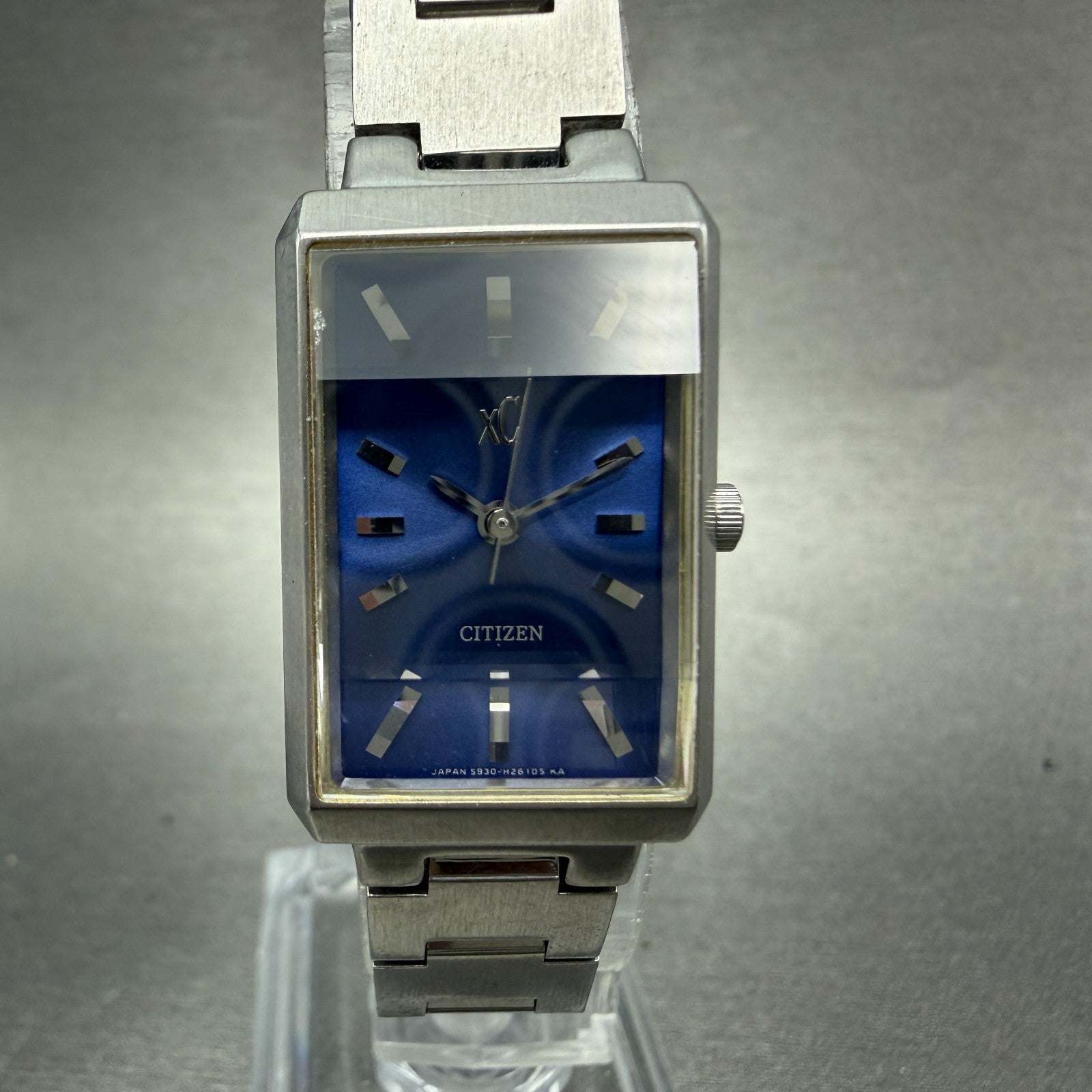 Citizen XC Tank Watch Men 19mm Blue Dial Silver Tone Rectangle 5930-H07855 Runs0